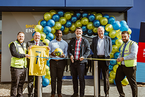 Left to right - Luke James, Mark Butler, football legend Jimmy Floyd Hasselbaink, John Carpenter, Martin Tyler, and Matthew Ince at MKM Aldershot official opening