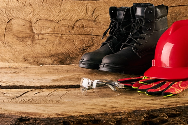 Safety boots with safety helmet and gloves