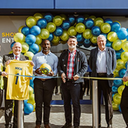 Left to right - Luke James, Mark Butler, football legend Jimmy Floyd Hasselbaink, John Carpenter, Martin Tyler, and Matthew Ince at MKM Aldershot official opening