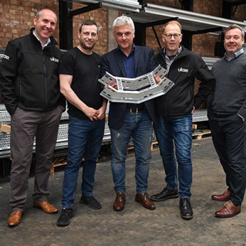 L-R: UKSE regional executive Mike Lowe, DP Building Systems general manager Ashley Forward, DP Building Systems finance director Gary Bell, UKSE area manager Steve Grice and DP Building Systems commercial director Rob White.